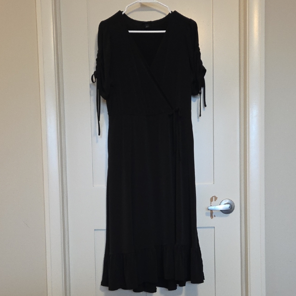 Torrid Black Ruched-Sleeve Dress with Ruffle Hem
